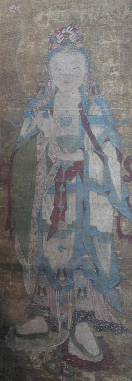 A Chinese ink and colour painting on silk of five Bodhisattvas, Tang / Five dynasties (851-950AD) or later, 145 x 75cm incl. borders